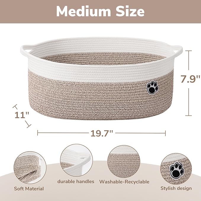 Large Dog Toy Basket, 19.7" X 11" X 7.9" Woven Rope Basket for Toy Storage, Dog Storage Bins with Handles, Gift Baskets Empty for Baby Shower, Mixed-Brown