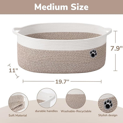 Large Dog Toy Basket, 19.7" X 11" X 7.9" Woven Rope Basket for Toy Storage, Dog Storage Bins with Handles, Gift Baskets Empty for Baby Shower, Mixed-Brown