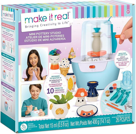 Make It Real Mini Pottery Studio - 26-Piece DIY Pottery Kit with Mess-Free Air Dry Clay - Create 10 Miniature Projects, Beginner to Master Levels - Innovative Centering Tool - Great for Kids Ages 8