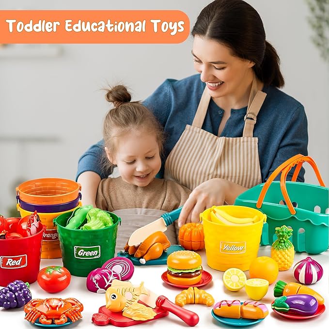 Play Food Sets for Kids Kitchen, 77Pc Color Sorting Toy Food with Storage Basket, Cutting Pretend Fake Food Kitchen Toys, Play Kitchen Accessories, Educational Toddler Gift 4-8 Learning Toys