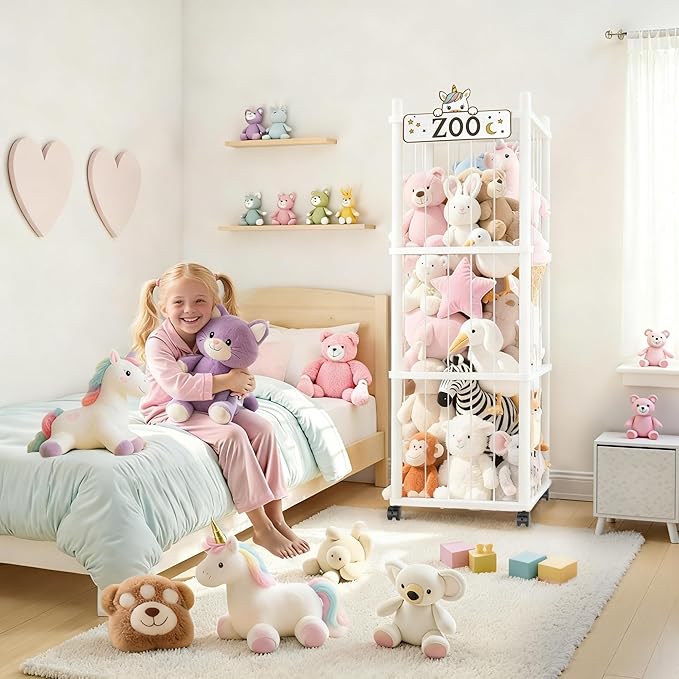 Stuffed Animal Storage Zoo Tower,56In Wooden Large Stuffed Animal Holder Organizer with Wheels,Stuffy Plushies Storage with Elastic Band&Mesh Bottom,Toy Storage Organizers for Playroom Nursery（White）