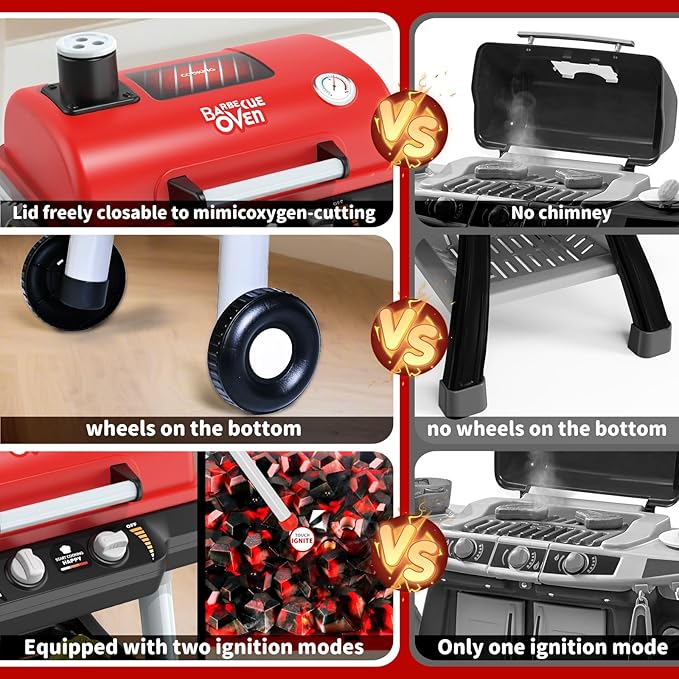 Kids Play Kitchen Toys, Kids BBQ Grill Playset with Smoke Sound Light, 2-Layer Barbecue Toy with Wheel, Outdoor Play Grill Toys for Toddlers 3-5, Play Food Toys Cooking Set, Birthday Gift for Boy Girl