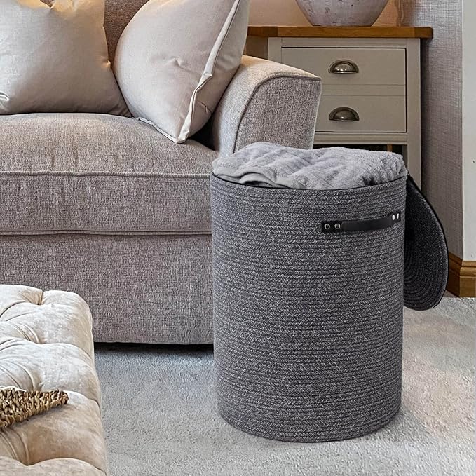 CHICVITA Large Laundry Hamper with Lid, 58L, Tall Clothes Laundry Basket for Bedroom, Rope Laundry Bin for Clothes, Blankets, Toys, Woven Laundry Basket for Living Room, 15 x 20 inches, Grey