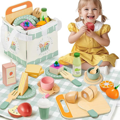 Toyssa Wooden Picnic Tea Party Set for Litle Girls 3-5, Picnic Pretend Play Kitchen Accessories for Kids with Fruits & Desserts, Toys Foods Christmas Birthday Gifts for Girls Boys 3 4 5 6 Years Old