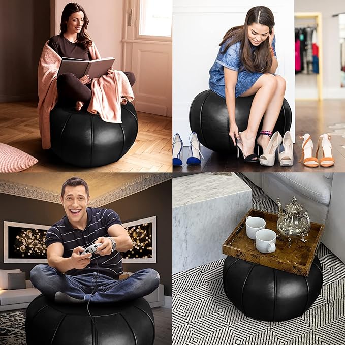 Louis Donné Unstuffed Ottoman Pouf Cover, Supersoft Handmade Faux Moroccan Decor, Small Bean Bag for Storage Solution, Foot Stool for Foot Rest, Footstools for Balcony Office Indoor 21dia Black