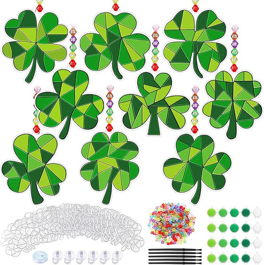 36 Sets St. Patrick's Day Shamrock Suncatchers Ornaments Decorations DIY Window Paint Suncatchers Craft Kits Lucky Shamrock Sun Catcher Gifts for Home Party Supplies Arts and Crafts Project