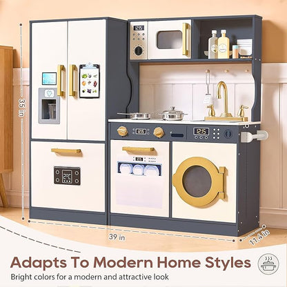 Kids Kitchen Playset with Realistic Design, Luxury Play Kitchen with Extended Storage Cabinets, Toy Kitchen for Toddlers with Coffee Counter, Cookware Accessories, Oven, Microwave (White and Black)