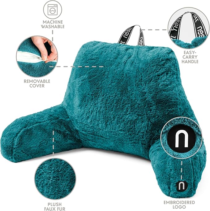 Nestl Fur Reading Pillow, Stylish Back Pillow for Bed Sitting Up, Faux Fur Bed Chair Pillow with Arms, Reading Pillows for Sitting in Bed Adult & Kids, Sit Up Back Support Pillow for Bed Rest - Teal