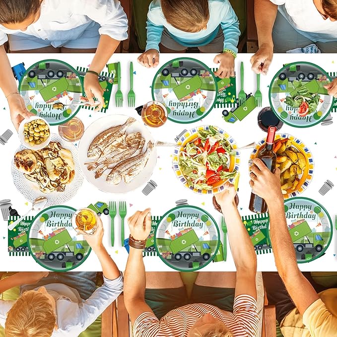 gisgfim Garbage Truck Birthday Party Supplies Trash Trucks Birthday Party Tableware Includes Party Plates Napkins Fork and Garbage Truck Theme Tablecloth for Birthday Parties Decorations Set Serve 20