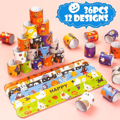 36 Pieces Halloween Slap Bracelet for Kids, 12 Styles Colorful Halloween Slap Wristbands Bulk for Kids Party Favors Toys Prizes Goodie Bags Fillers