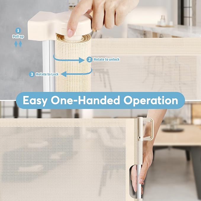 75 Inch Wide Retractable Baby Gate Retractable Dog Gate Indoor/Outdoor Retractable Gate, Long Baby Gate Wide Dog Gates for The House, Mesh Baby Gate Retractable Child Gates for Doorways/Stairs, Beige