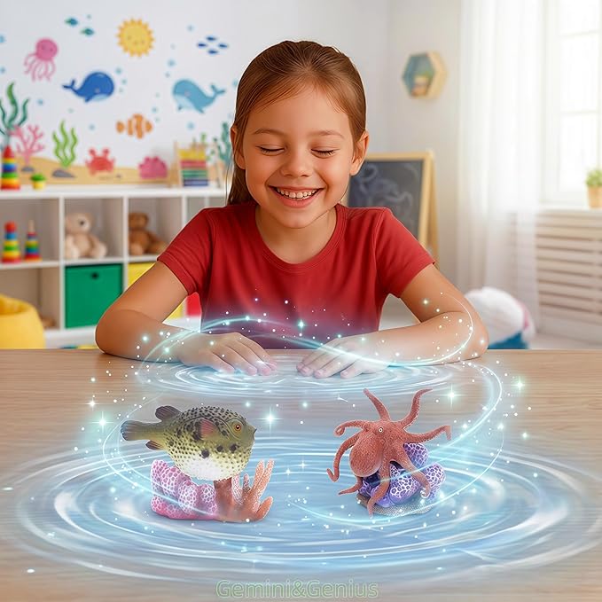 Gemini&Genius Pufferfish and Octopus Toys for Kids, Sea Animals Action Figure Set, Pufferfish and Octopus Hard Plastic Figurines, Sea Life Educational Gifts, Play&Display, Collection Models for Kids