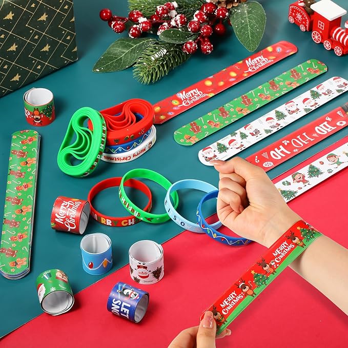 Capoda 60 Pieces Christmas Party Favors Christmas Silicone Bracelet Christmas Slap Wristbands Christmas Rubber Wristbands Xmas Slap Bracelets for Xmas Party Favors Stocking Stuffers Classroom Gifts