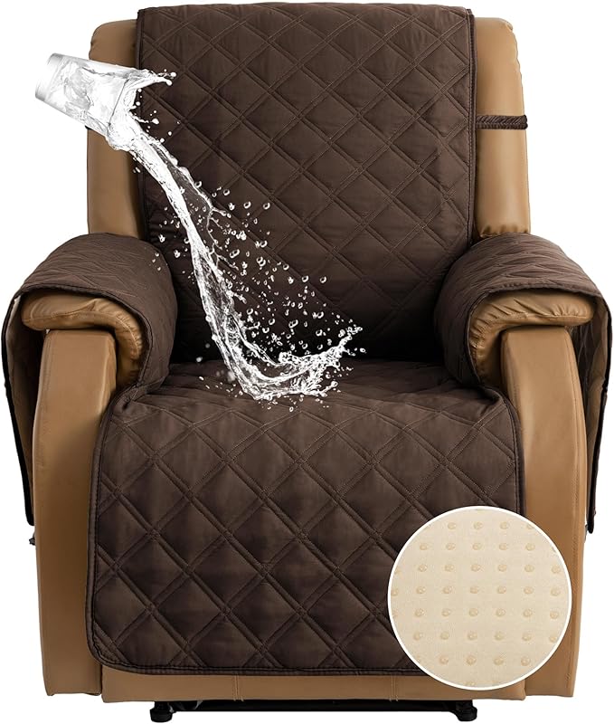 TOMORO Non-Slip Quilted Recliner Cover, 100% Waterproof Recliner Chair Slipcover Furniture Protector with Pockets, Washable Couch Cover with Elastic Straps for Kids and Pets，23 Inch