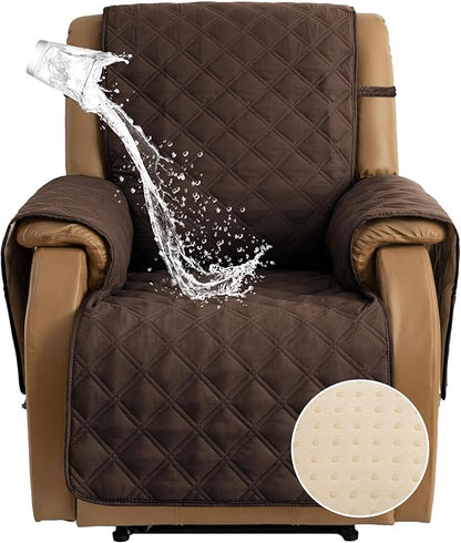 TOMORO Non-Slip Quilted Recliner Cover, 100% Waterproof Recliner Chair Slipcover Furniture Protector with Pockets, Washable Couch Cover with Elastic Straps for Kids and Pets，23 Inch