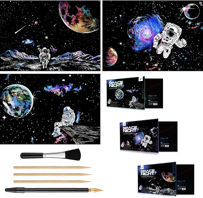 3 Pack Scratch Art Paper Set (16"x11.2") Space Series Series Creative Rainbow Sketches Engraving Craft Kit for Kids & Adults - Cosmos, Astronauts, Starry Sky Painting - 5 Tools: Drawing Pens, Brush