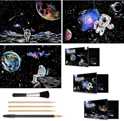 3 Pack Scratch Art Paper Set (16"x11.2") Space Series Series Creative Rainbow Sketches Engraving Craft Kit for Kids & Adults - Cosmos, Astronauts, Starry Sky Painting - 5 Tools: Drawing Pens, Brush