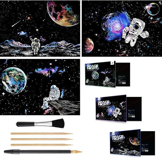 3 Pack Scratch Art Paper Set (16"x11.2") Space Series Series Creative Rainbow Sketches Engraving Craft Kit for Kids & Adults - Cosmos, Astronauts, Starry Sky Painting - 5 Tools: Drawing Pens, Brush
