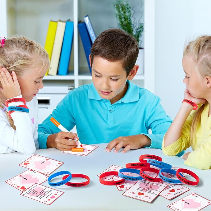 JOYIN 56 Pcs Valentine’s Day Silicone Bracelet with Cards, John 3:16 Rubber Bracelet Valentine Gift, Party Favor Supplies, Classsroom Exchange Prizes, Holiday Reward Gifts