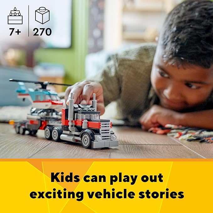 LEGO Creator 3 in 1 Flatbed Truck with Helicopter Toy, Transforms from Flatbed Truck Toy to Propeller Plane to Hot Rod and SUV Car Toys, Gift Idea for Boys and Girls Ages 7 Years Old and Up, 31146