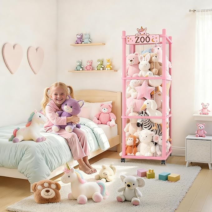Stuffed Animal Storage Zoo Tower,56In Wooden Large Stuffed Animal Holder Organizer with Wheels,Stuffy Plushies Storage with Elastic Band&Mesh Bottom,Toy Organizers for Playroom Nursery（Pink）
