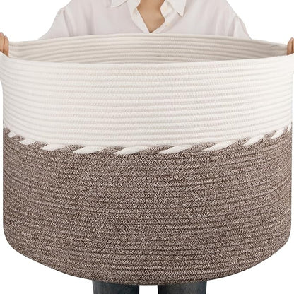 OIAHOMY 105L Blanket Basket for Living Room, Large Basket 23.6" x 23.6" x 14.6" with Handle, Laundry Hamper for Blankets, Pillows, Toy Storage for Kids, Dogs - Brown & White