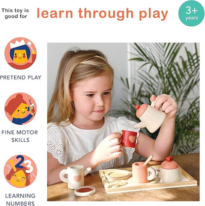 Mentari Toys - Tea Time Tray Set - Wooden Pink Teapot, Cups and Trays for Pretend Afternoon Tea Party - Social, Creative, and Imaginative Development - Learning Role Play - Age 3+