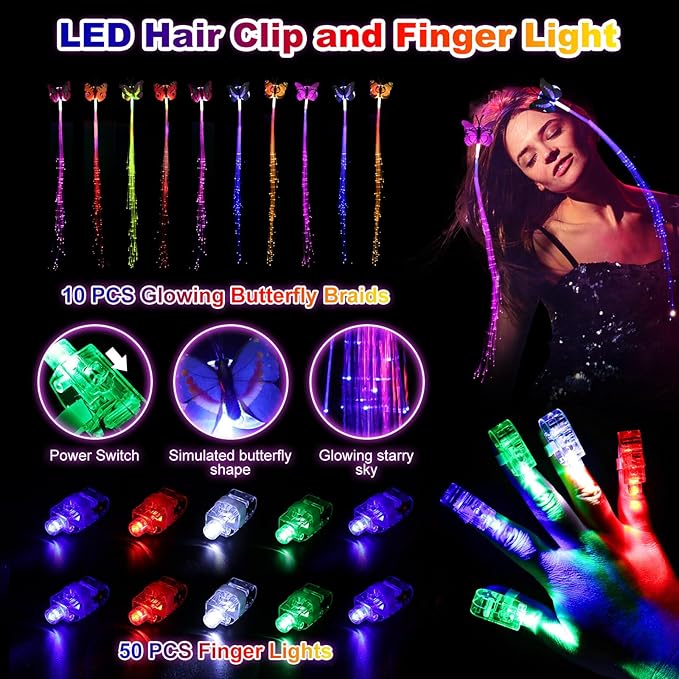 180 PCS Glow in The Dark Party Pack, Light Up Toy Party Supplies with 100 Glow Sticks Bulk, 10 LED Flashing Glasses, 10 Fidget Spinner Bracelets, 10 Fiber Optic Hair, 50 Finger Lights Favors for Kids