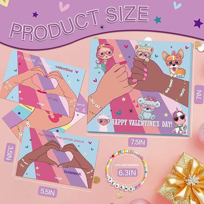 Valentines Day Cards for Kids School - 28 Pack Valentines Bracelets for Kids, Friendship Valentines Cards, Valentines Day Gift for Girls, School Classroom Valentines Day Exchange Gift