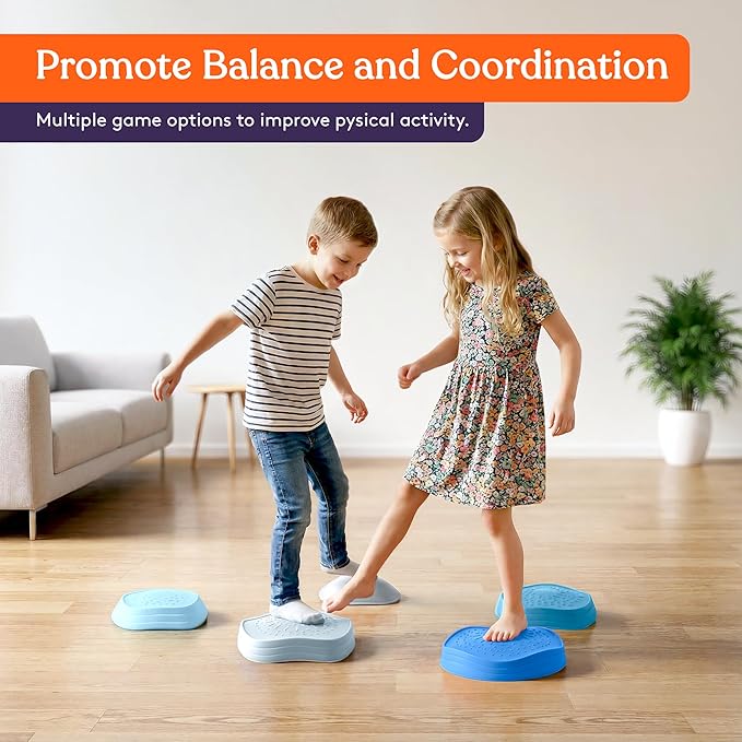 Special Supplies Stepping Stones for Kids, 5 Balance Indoor and Outdoor Blocks Promote Coordination, Balance, Strength, Child Safe Rubber, Non-Slip Edging, Stackable