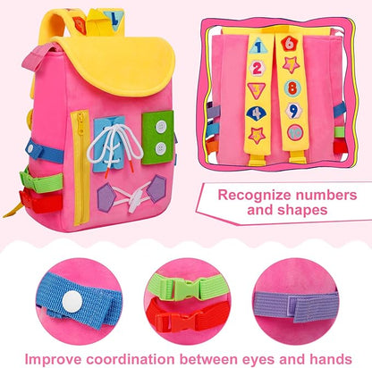 Busy Board - Toddler Backpack with Buckles and Learning Activity Toys - Develop Fine Motor Skills and Basic Life Skills - Learn to Tie Shoes - Children's Travel Toy (Pink)