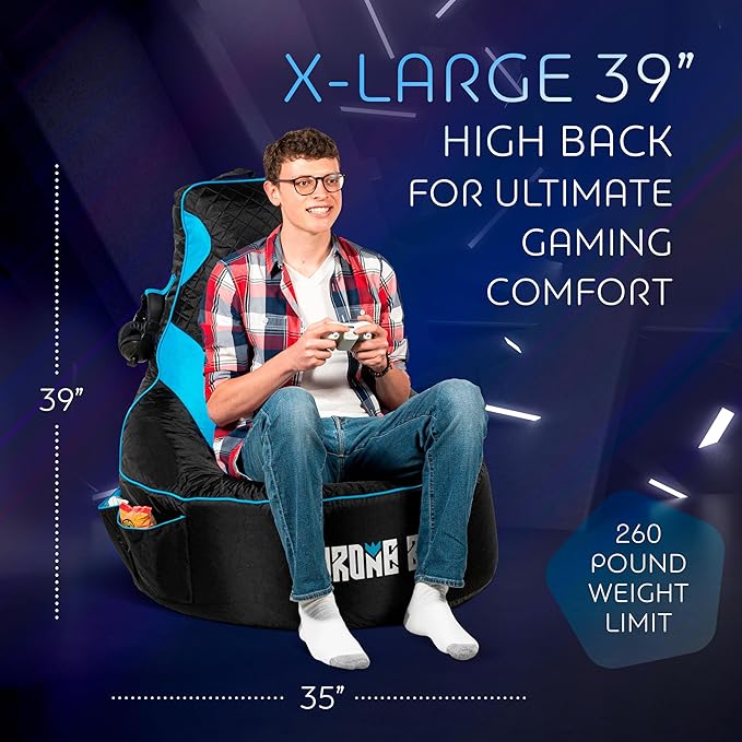 Gaming Bean Bag Chair for Adults [Cover ONLY No Filling] with High Back - Fun Gaming Sofa - Bean Bag Chairs for Adults and Teens - Dorm Chair - Gamer Beanbag Gaming Chair with Cup Holder (Black/Blue)