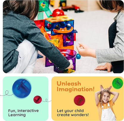 PicassoTiles 100pc Magnetic Marble Run Set with Racing Track Tiles Funnels Curved Slopes and Steel Balls for Kids STEM Construction Indoor Learning Toy that Promotes Focus and Problem Solving PTG100