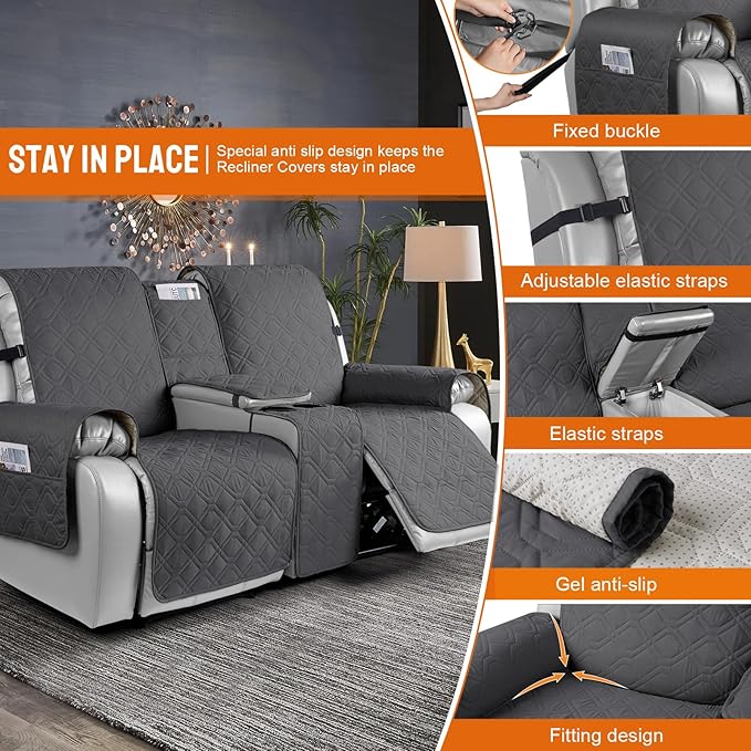 VANSOFY Loveseat Recliner Cover with Console 100% Waterproof Sofa Slipcovers Non-Slip Reclining Couch Cover Split Sofa Covers Furniture Protector for Pets, Dogs(Charcoal Gray)
