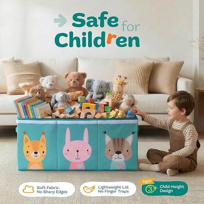 SoftOwl Extra Large Toy Storage Organizer with Lid - Sturdy, Collapsible Toy Chest Storage Box with Cute Design - Toys Bin with Dividers for Kids, Boys, Girls, Nursery, Bedroom, Play room 37"x16"x14"