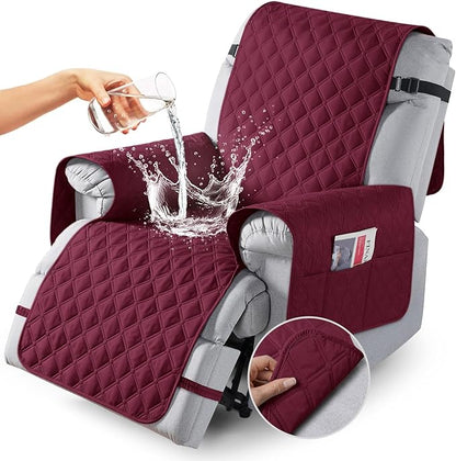 TAOCOCO 100% Waterproof Recliner Covers, Recliner Sofa Covers with Leg Straps, Reversible Recliner Couch Cover for Reclining Chair, Washable Couch Protector for Pets Kids(1 Seater 28", Wine)