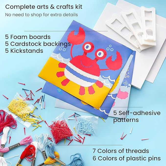 Arteza Kids String Art Kit, Set of 5 Sea Animal Designs, Plastic Pushpins, Art Supplies for Kids Craft Projects and Free Time Activities