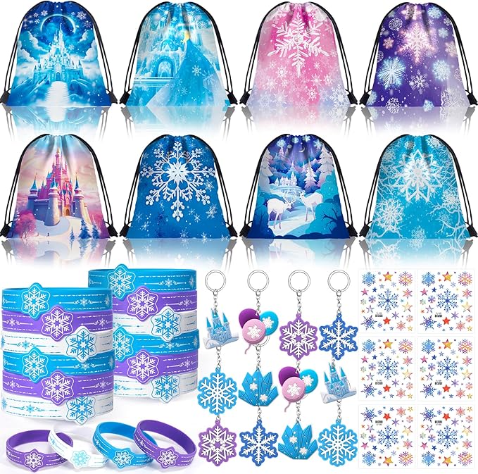 Golray Frozen Party Favors Elsa Birthday Supplies Girls Kids, Drawstring Bags Silicone Bracelets Keychain Tattoo Sticker Frozen Goodie Bag Stuffer Filler Elsa Frozen Birthday Party Favors Supplies