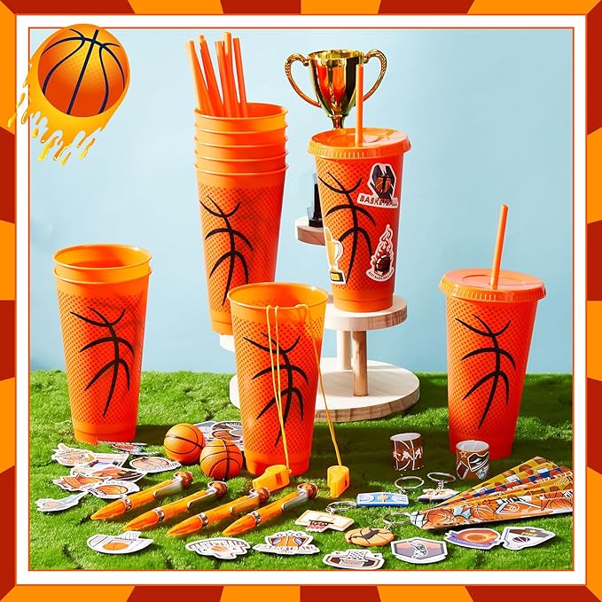 122 Pcs Basketball Party Favors Set Basketball Goodie Bags Stuffers Includes Cups with Straw Mini Stress Ball Keychains Slap Bracelets Whistles Stickers Pens for Birthday Party Supplies