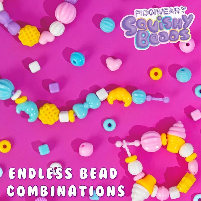 Fidgiwear Squishy Beads – Pink Sweety Theme, Create Fashionable Fidget Jewelry with Scented Squishy Beads for Jewelry Making, Toddler Sensory Bracelet Making Kit for Ages 3+