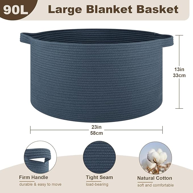 OIAHOMY 90L Blanket Basket for Living Room, Large Basket 23" x 23" x 13" with Handle, Laundry Hamper for Blankets, Pillows, Toy Storage for Kids, Dogs - Blue