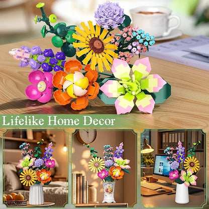 Flowers Bouquet Building Set, DIY Home Offic Botanical Bouquet Decoration Kit, Creative Gift for Women, Girls, Kids, Adults - Great for Birthdays, Christmas and More (861Pcs)