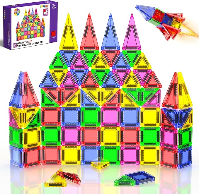 Mini Magnetic Tiles - 75 PCS Travel Magnetic Tiles, Micro Magnet Travel Toy for Kids Ages 3+, STEM Educational Building Set Construction Toys, Boys Girls Toddlers Birthdays Day Gifts