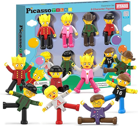 PicassoTiles Magnetic Figures 8 Piece Character Action Figure Toddler Toy Set Magnet Expansion Variety Pack Play People Add-ons STEM Learning Kit Pretend Playset for Construction Building Block PTA03