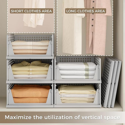 Pinkpum 8 Pack Closet Organizers and Storage Plastic Stackable Storage Bins, Foldable Drawer Shelf Storage Container for Wardrobe Kitchen Bathroom Dorm Grey