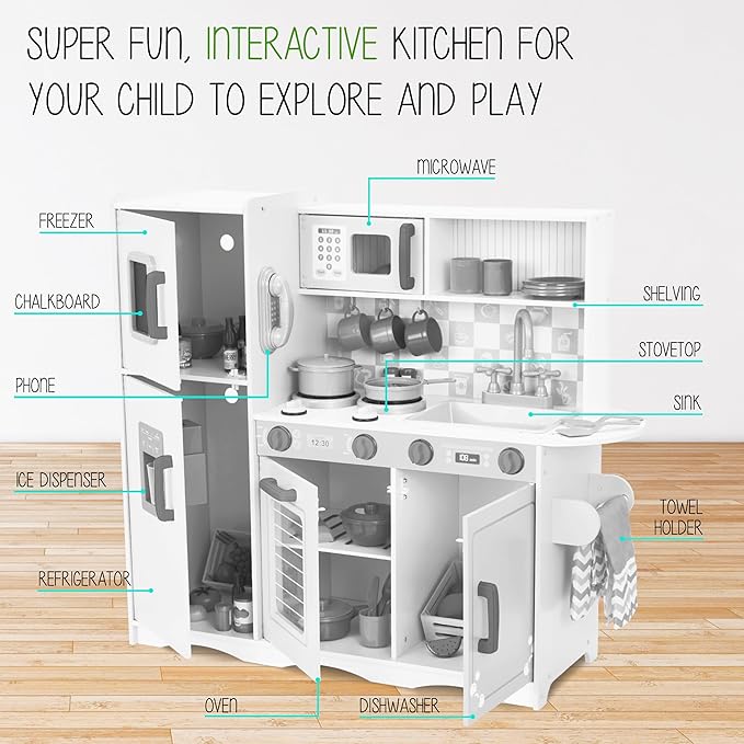 Lil' Jumbl Kids Kitchen Set, Pretend Wooden Play Kitchen with Chalk Board, Play Phone, Towel Rack & Ice Dispenser, Clicking Knobs, Pots & Utensils Included - White