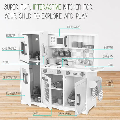 Lil' Jumbl Kids Kitchen Set, Pretend Wooden Play Kitchen with Chalk Board, Play Phone, Towel Rack & Ice Dispenser, Clicking Knobs, Pots & Utensils Included - White
