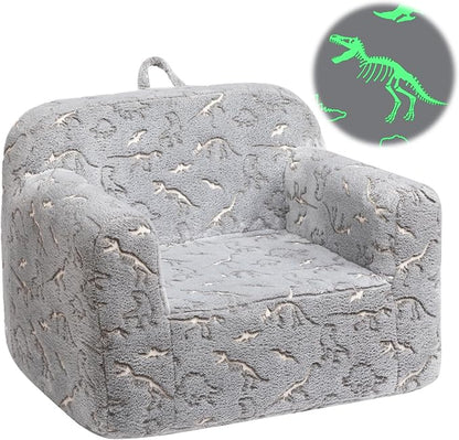 ALIMORDEN Kids Ultra-Soft Snuggle Foam Filled Chair, Glow-in-The-Dark Dinosaurs Fossil Pattern Toddler Cuddly Sherpa Reading Couch for Boys and Girls