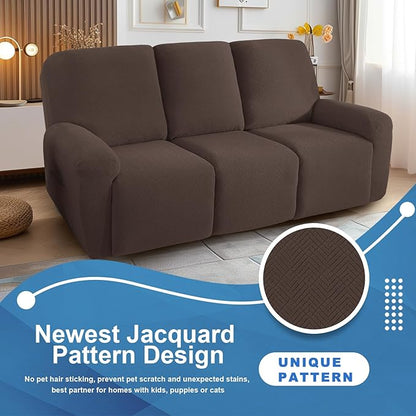JIVINER 5 Pieces Recliner Sofa Covers Stretch Recliner Sofa Slipcover with Elastic Bottom Jacquard Fitted Reclining 3 Cushion Couch Cover Furniture Protector with Pockets (3 Seater, Coffee)