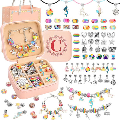 Charm Bracelet Making Kit for Girls 3-12, Kids Jewelry Making Kit 66Pcs Jewelry Kits for Girls Ages 8-12 Jewelry Maker Craft Necklace Birthday Christmas Gifts with Initial Jewelry Organizer Box - C